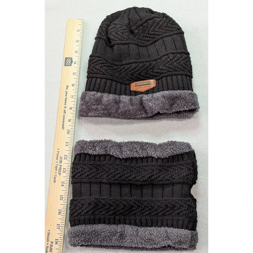 Hindawi Beanie Neck Warmer Set Womens One Size Black Grey Excellent Cable Knit